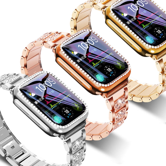 Compatible avec Apple, bracelet à trois perles en diamant en métal et acier inoxydable pour IWatch