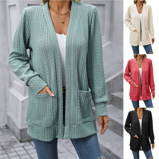 Solid Color Loose Shawl Mid-length Cable-knit Sweater Cardigan