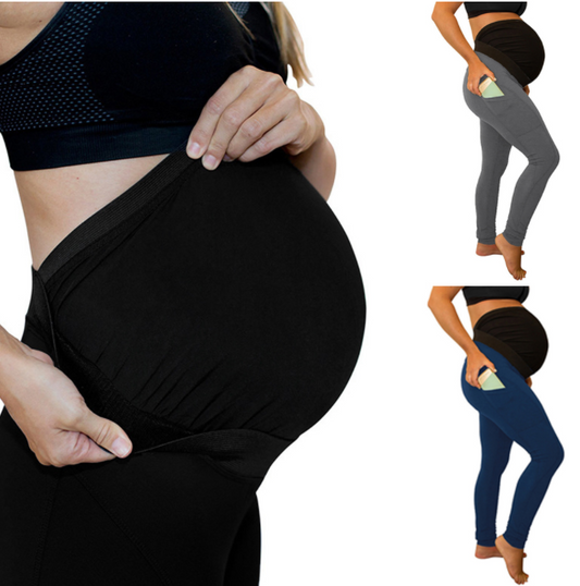 Pantalon de maternité à panneau de couleur pure, long et taille haute, avec poches latérales