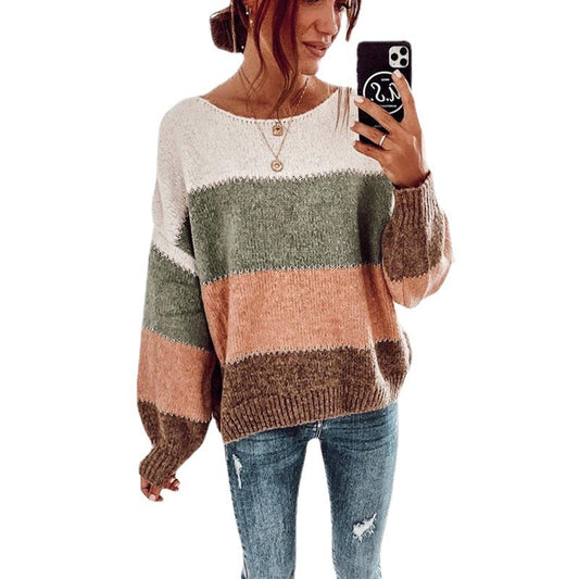 Knit Sweater Top Contrast Color Loose Bottoming Pullover