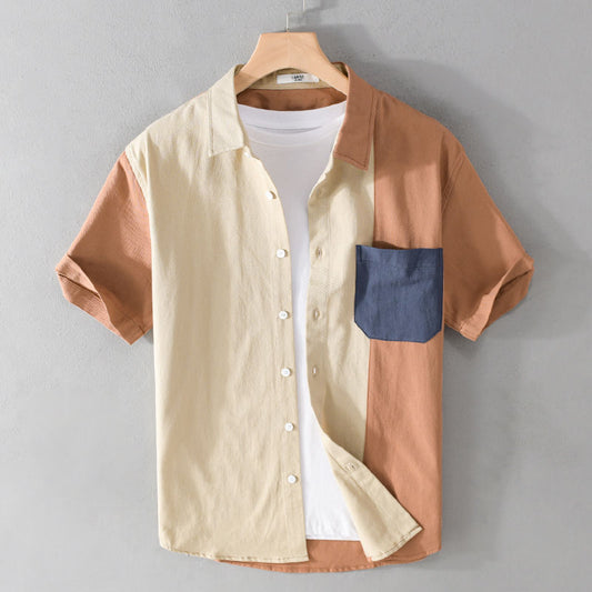 Chemise à manches courtes avec poche de couleur contrastée patchwork