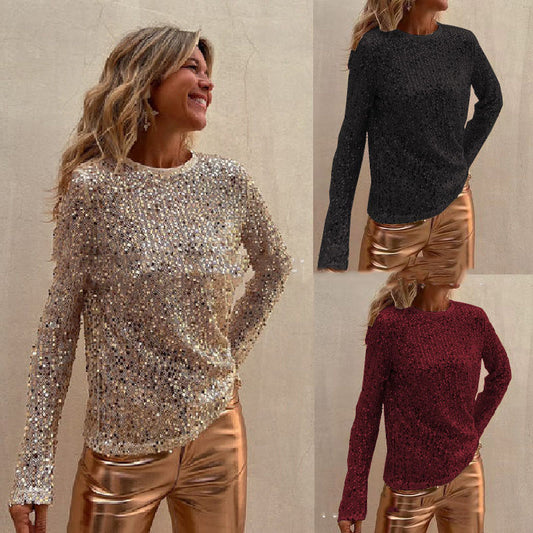 Nightclubs Sequined Mesh Long Sleeve Slim Fit Flattering Round-neck Blouse